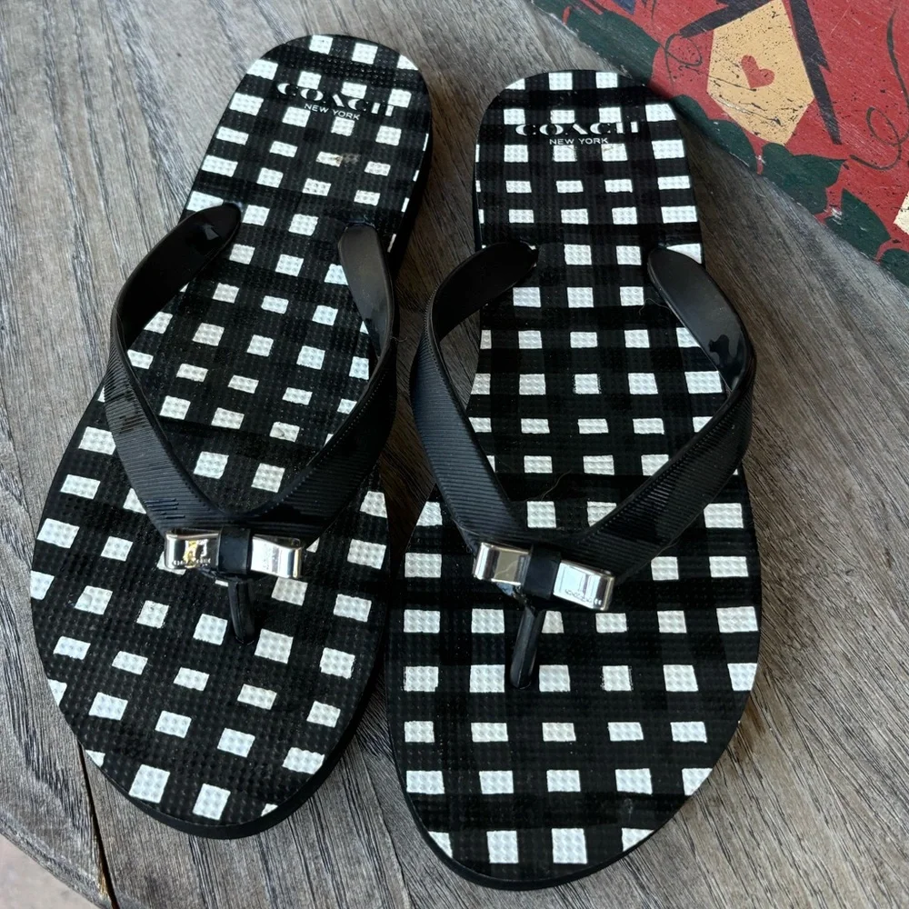 Coach Amel Sandals‎ Flop Flops Gingham Silver Bow